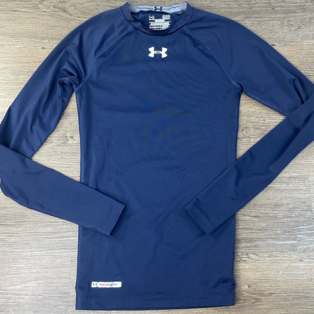 Under Armour HeatGear Mens Mock Neck Navy Blue Long Sleeve Compression Shirt, SM